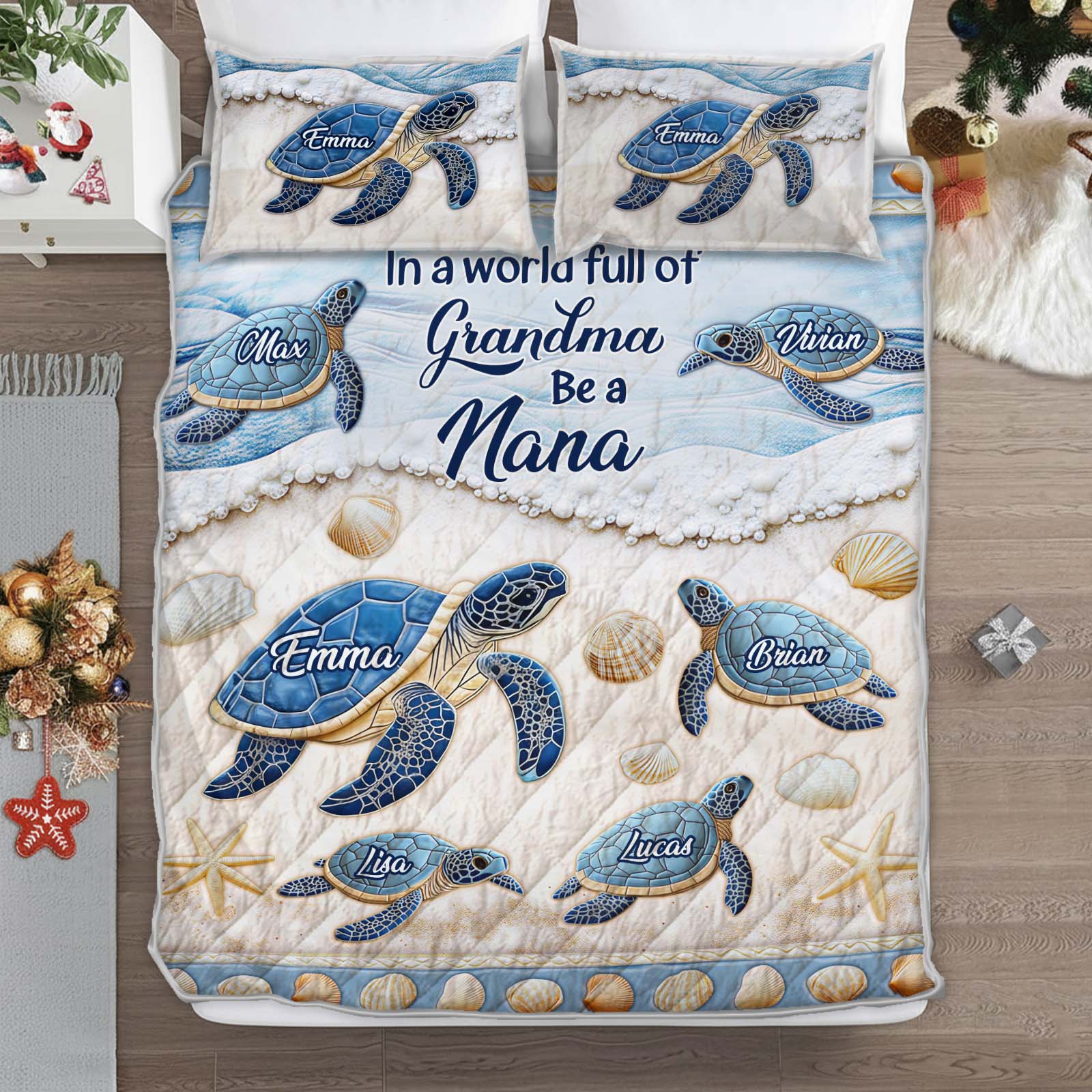 Personalized grandma quilt bedding set featuring turtles and names for a cozy bedroom decor