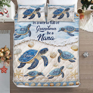 Personalized grandma quilt bedding set featuring turtles and names for a cozy bedroom decor