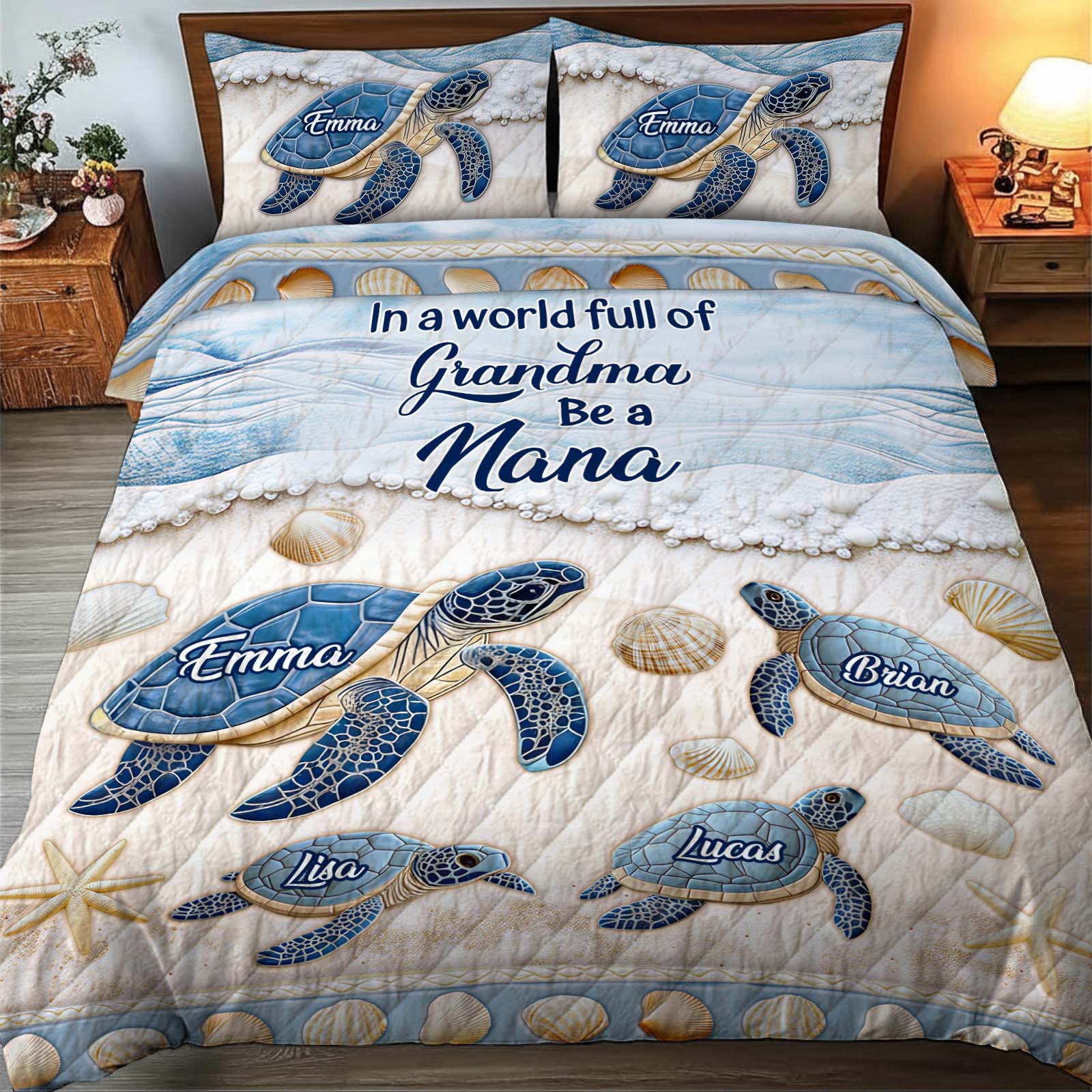 Personalized grandma quilt bedding set featuring turtles and names for a cozy and unique bedroom decor