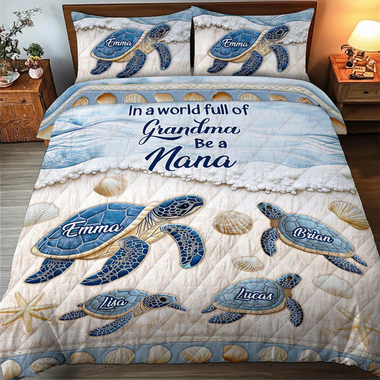 Personalized grandma quilt bedding set featuring turtles and names for a cozy and unique bedroom decor