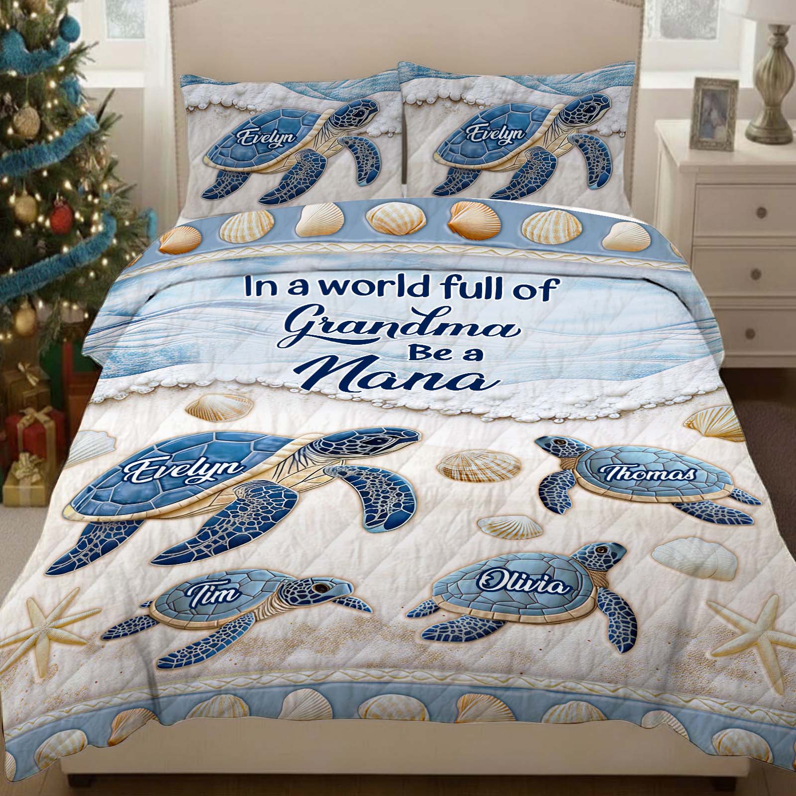 Personalized grandma quilt bedding set featuring whimsical turtles and family names on a serene ocean backdrop