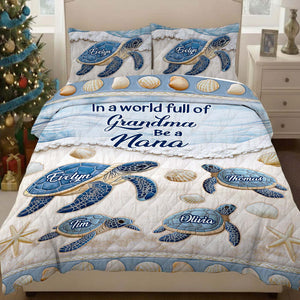 Personalized grandma quilt bedding set featuring whimsical turtles and family names on a serene ocean backdrop