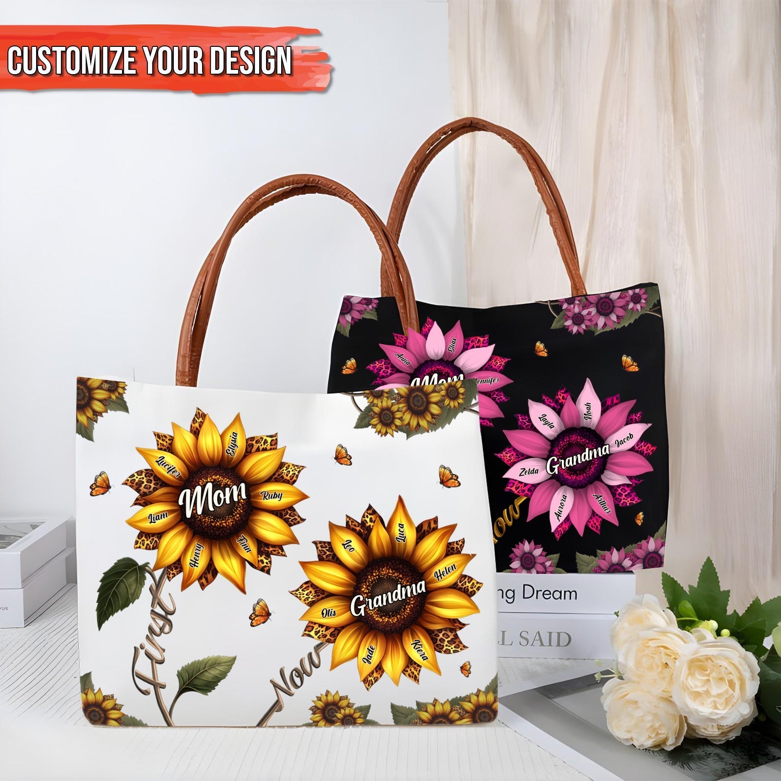 Personalized grandma tote bag featuring vibrant floral designs with customizable options