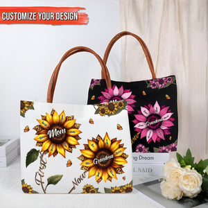 Personalized grandma tote bag featuring vibrant floral designs with customizable options