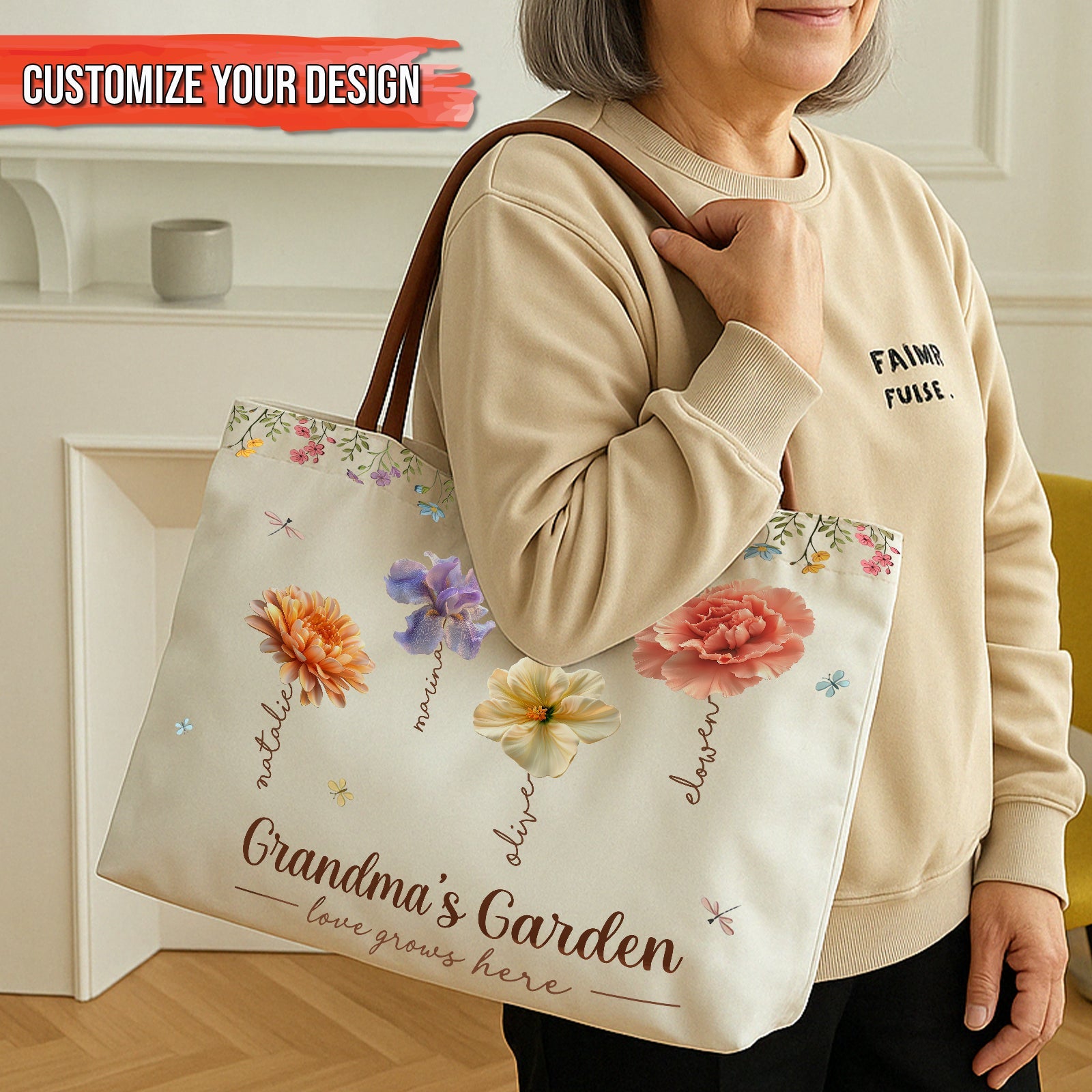 Personalized grandma tote bag featuring floral designs and customizable text for a special touch