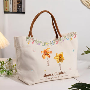Personalized grandma tote bag with floral design and 'Mum's Garden' text for stylish carrying