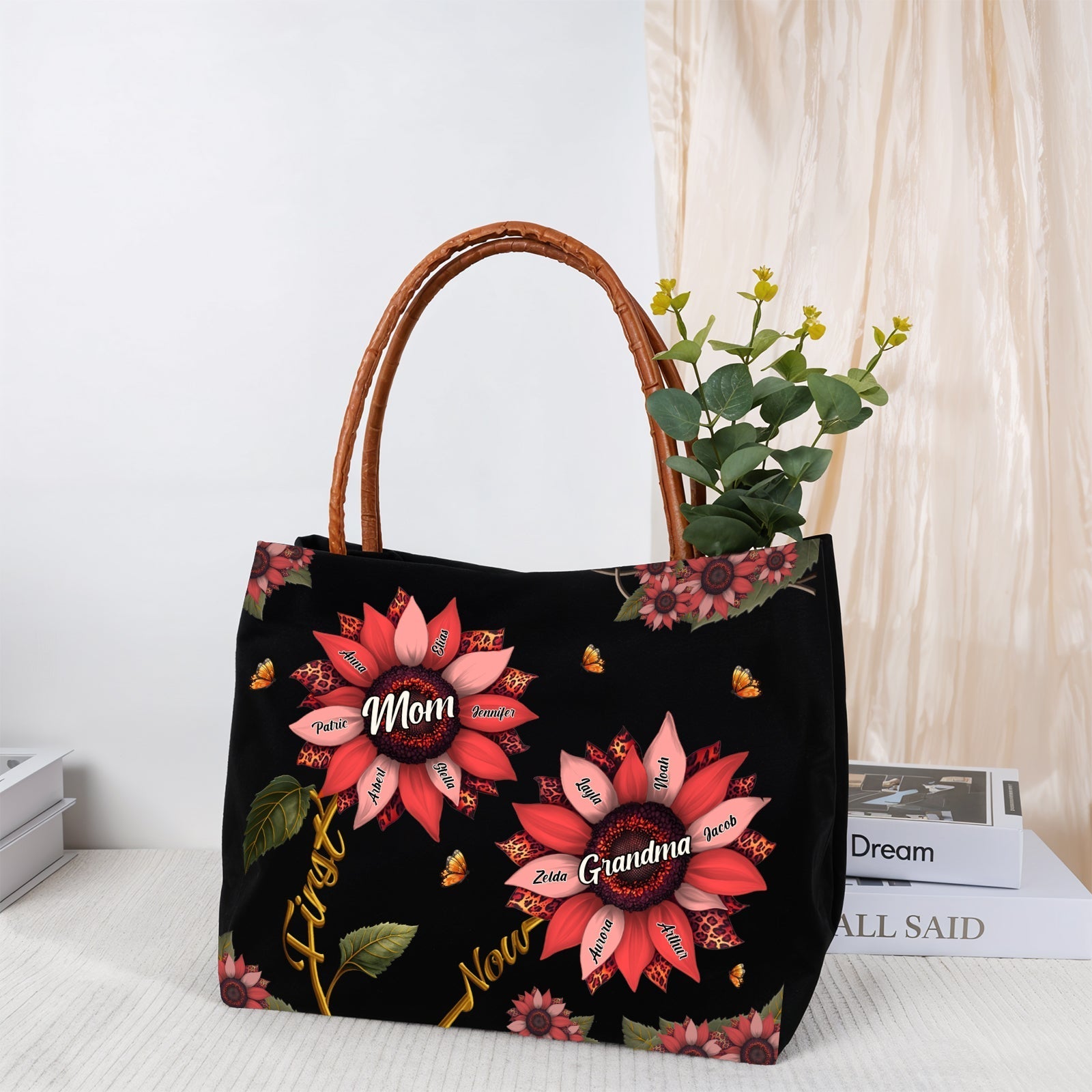Personalized grandma tote bag featuring floral design with heartfelt messages for special occasions