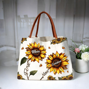 Personalized grandma tote bag with sunflower design and leather handles for stylish everyday use