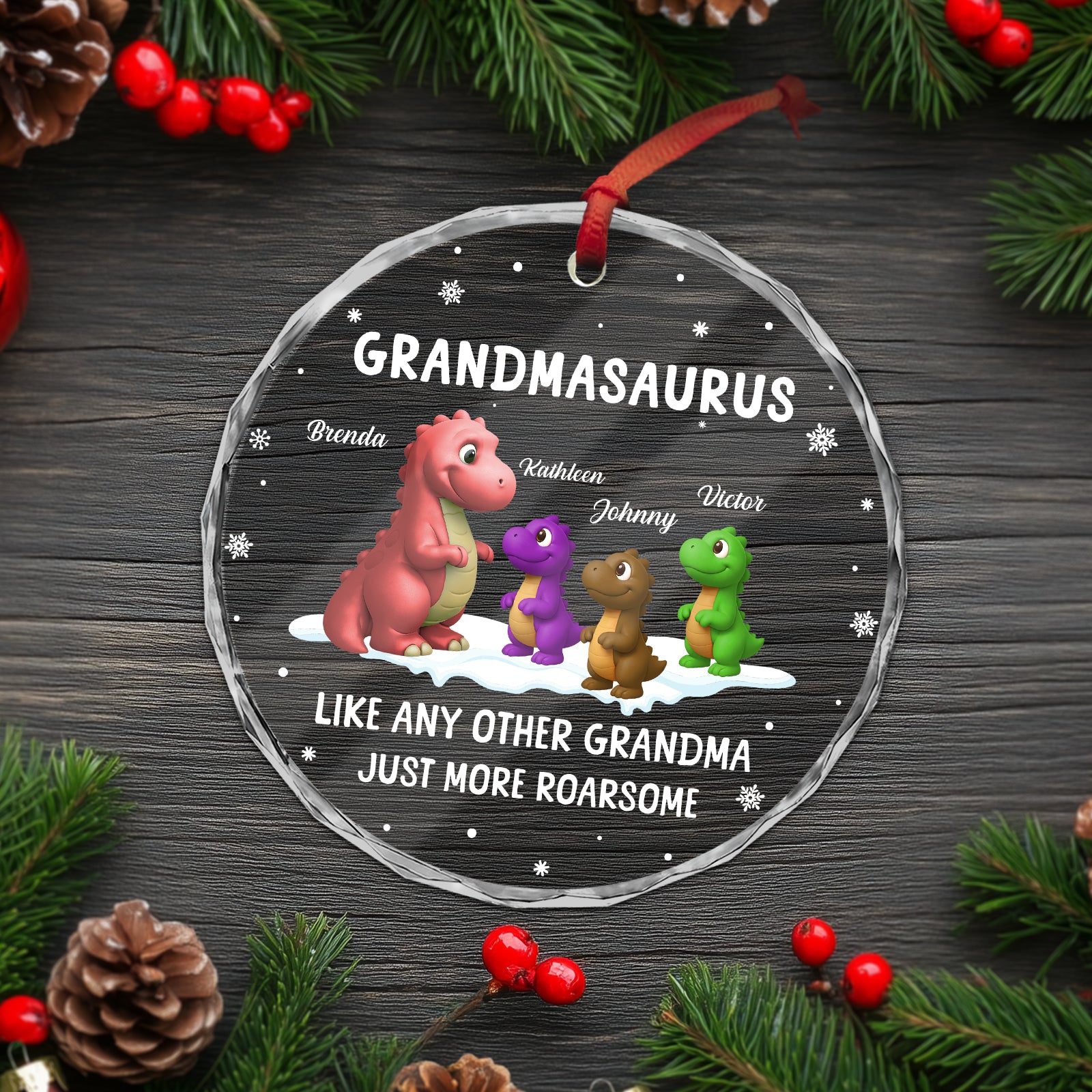 Personalized grandmasaurus ornament featuring cute dinosaurs and custom names for a unique gift