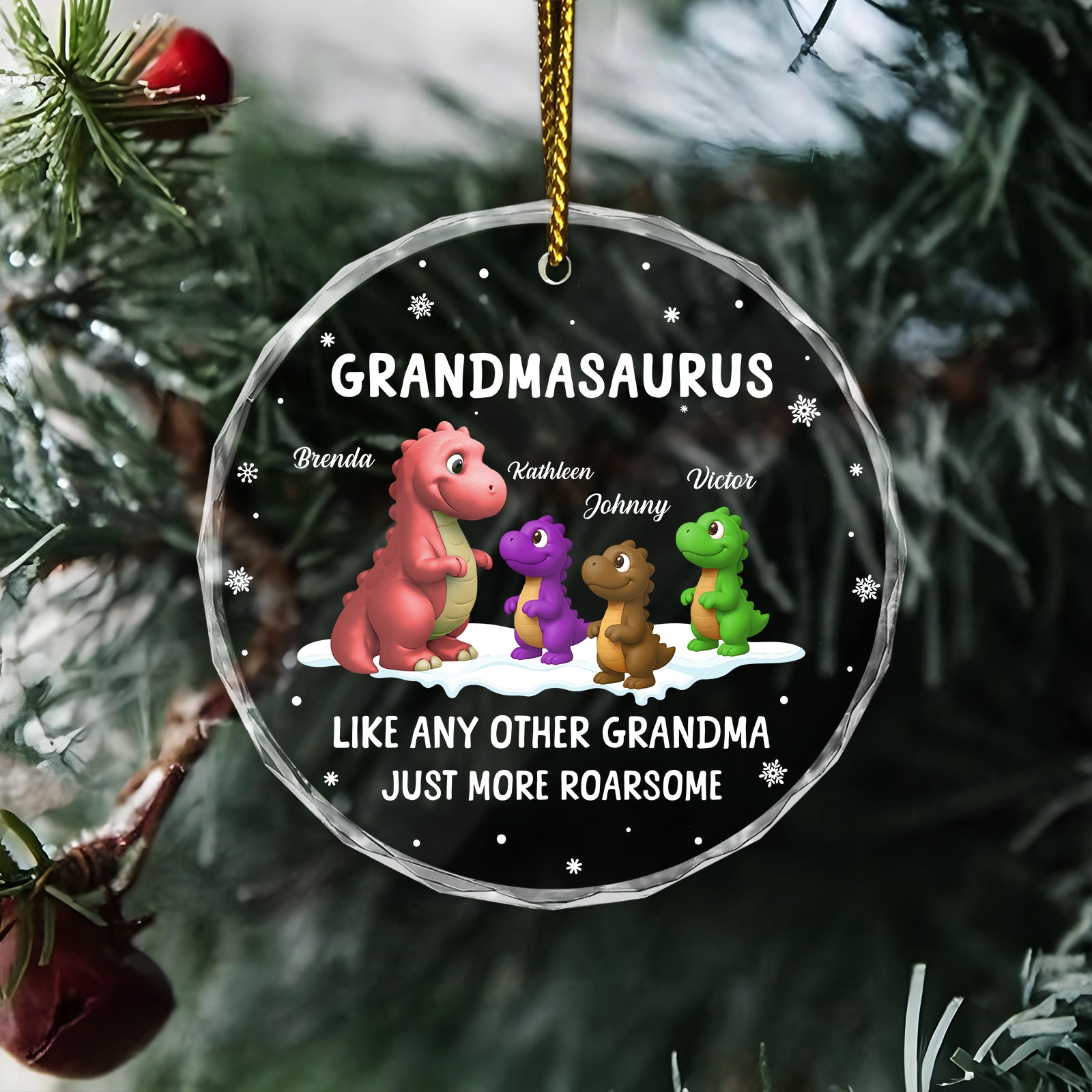 Personalized grandmasaurus ornament featuring colorful dinosaur characters with custom names
