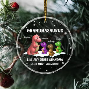 Personalized grandmasaurus ornament featuring colorful dinosaur characters with custom names