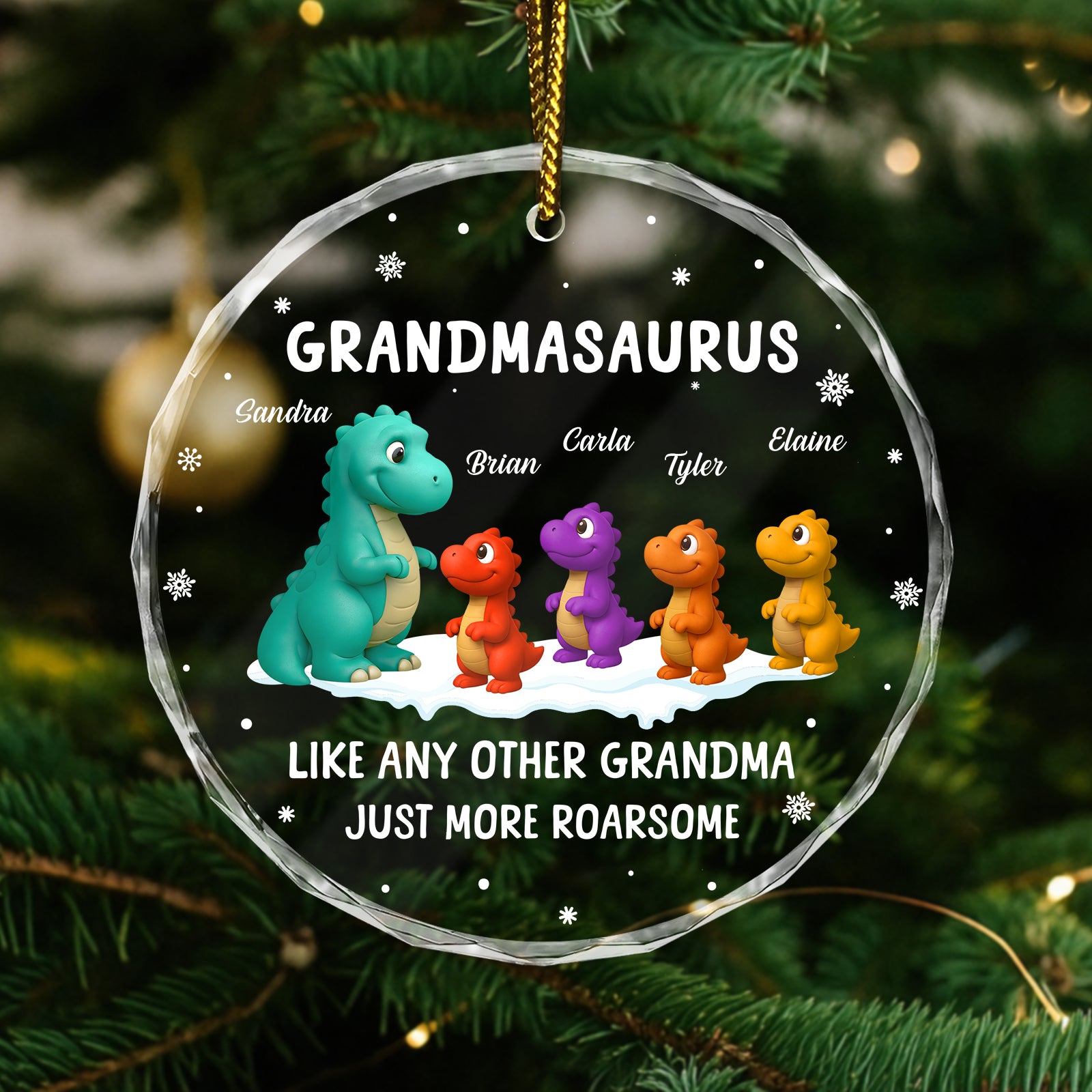 Personalized grandmasaurus ornament featuring colorful dinosaur characters and custom names for a special gift