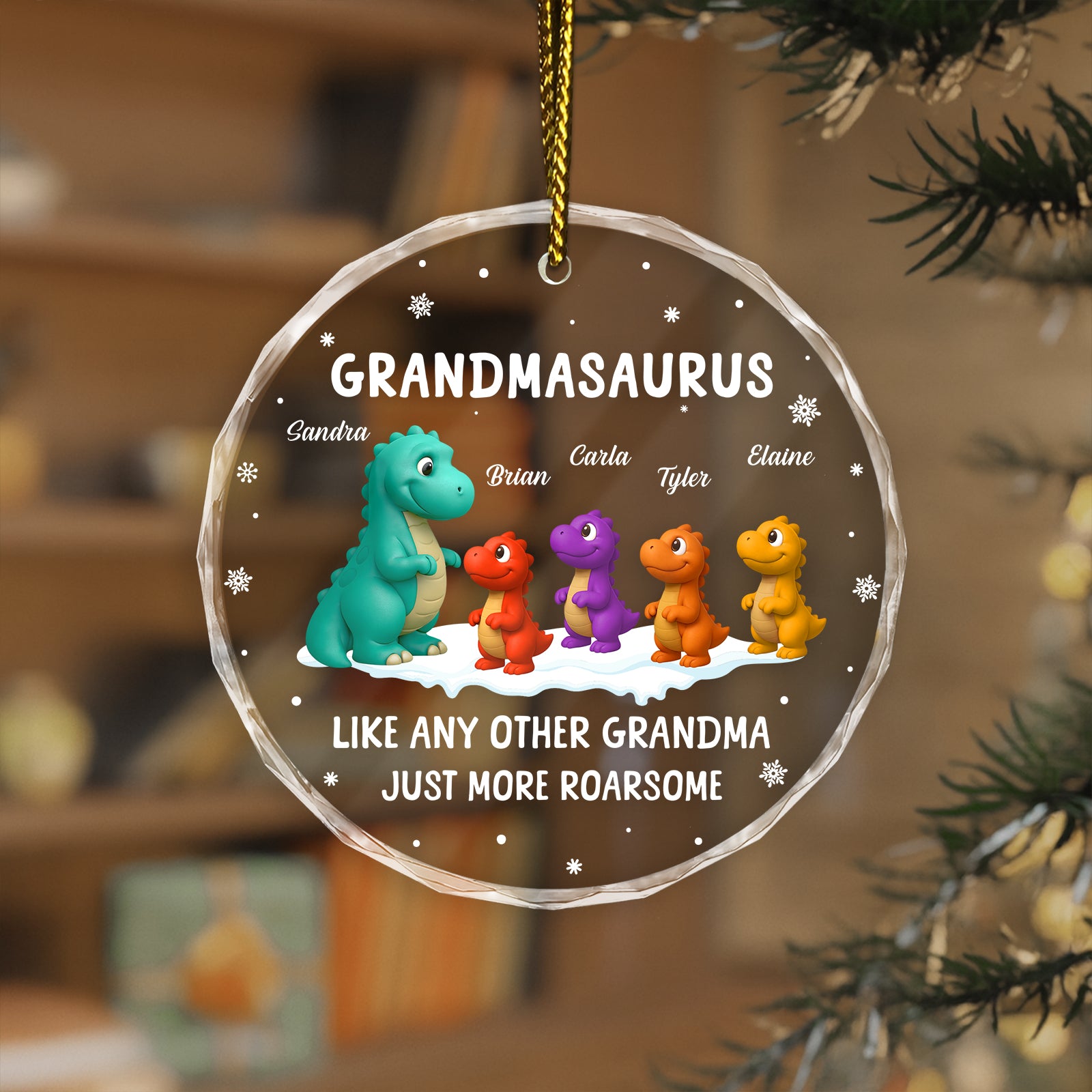 Personalized grandmasaurus ornament featuring colorful dinosaur characters and custom names for a unique gift