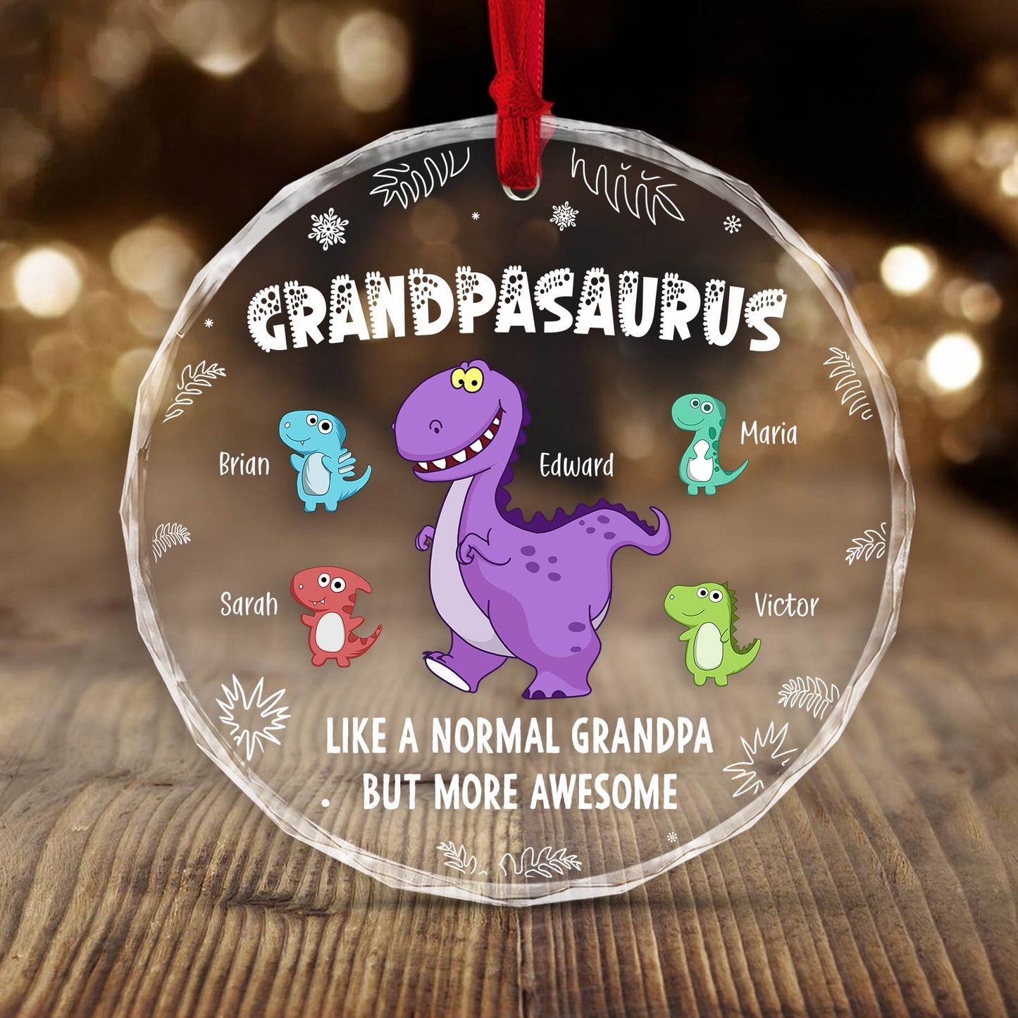 Personalized grandpa ornament featuring a dinosaur design and names of family members for a unique gift