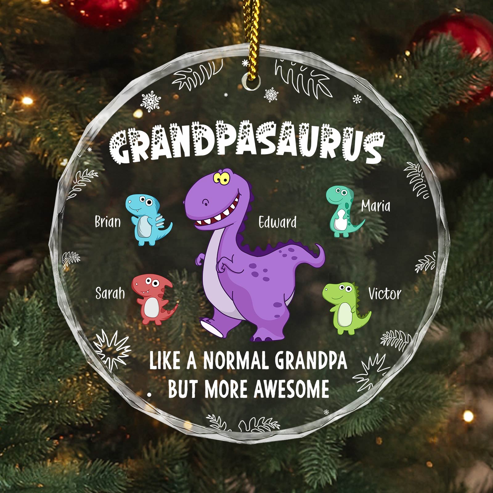 Personalized grandpa ornament featuring a Grandpasaurus design with family names and colorful dinosaurs
