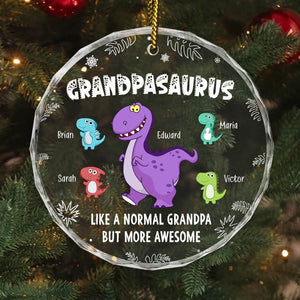 Personalized grandpa ornament featuring a Grandpasaurus design with family names and colorful dinosaurs