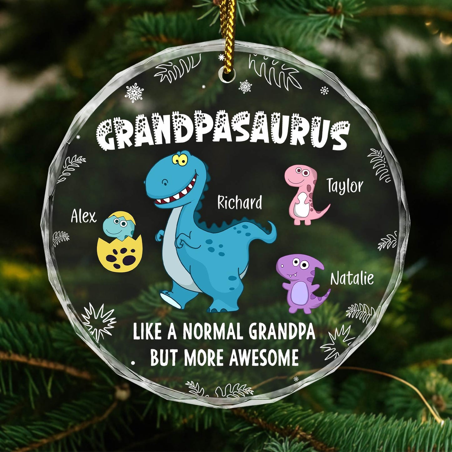 Personalized grandpa ornament featuring dinosaurs with names and the phrase Grandpasaurus