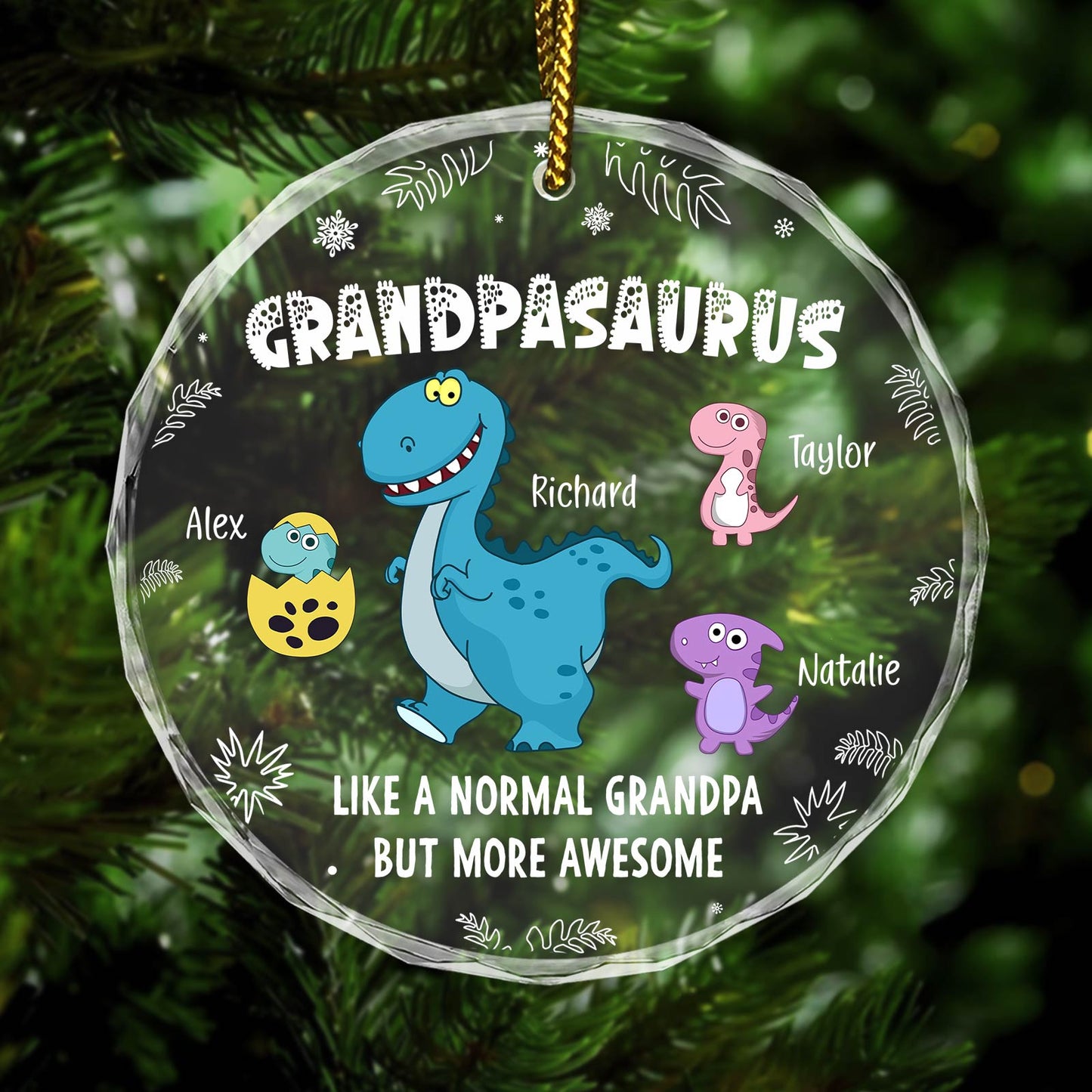 Personalized grandpa ornament featuring a dinosaur design with names for a unique holiday gift