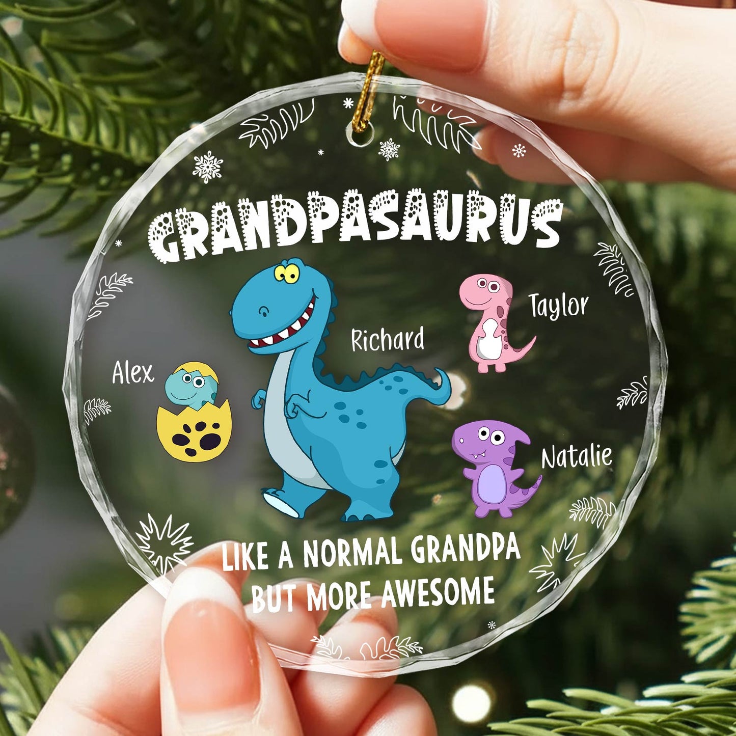 Personalized grandpa ornament featuring a dinosaur theme with names and a fun message for grandfathers