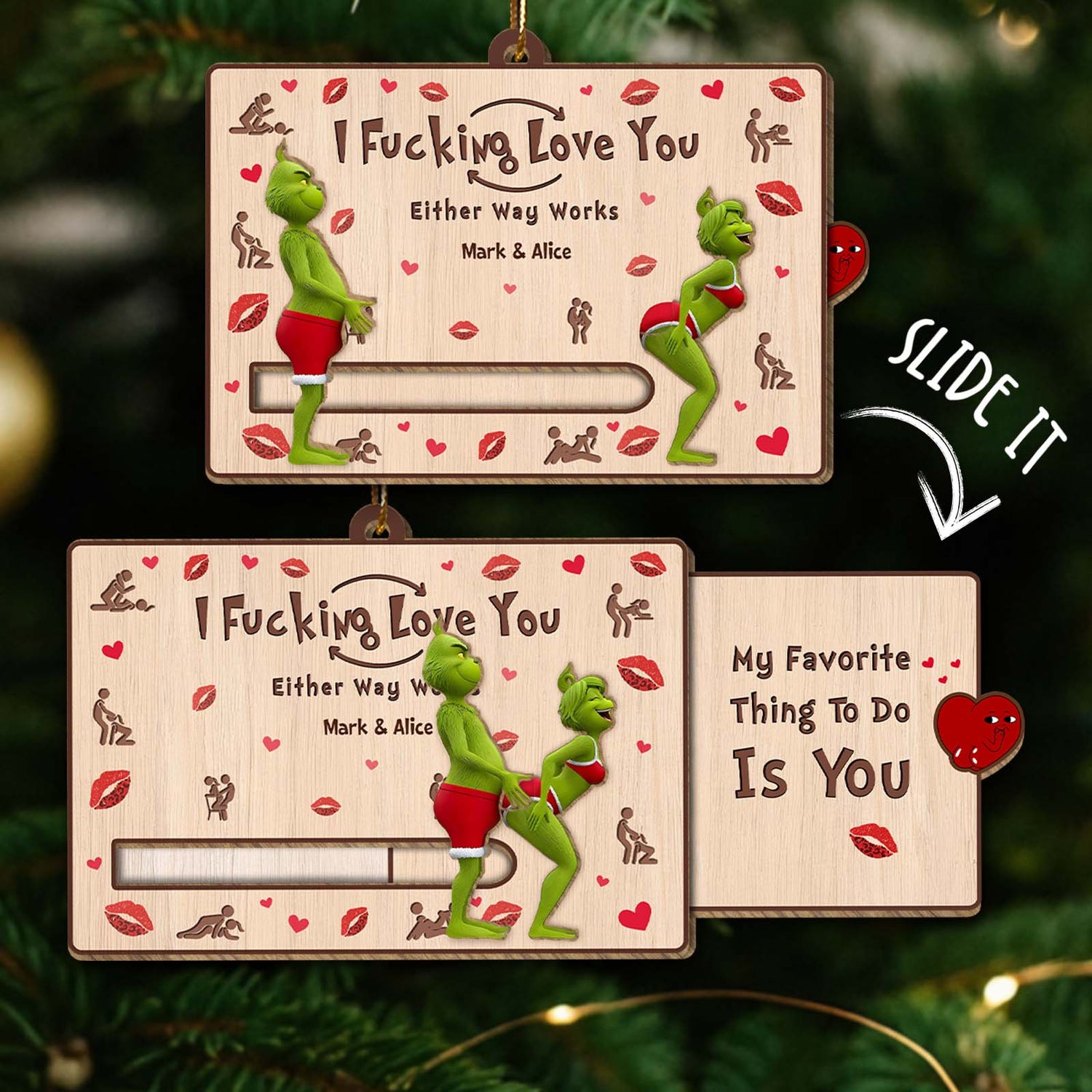 Personalized Grinch Christmas card with sliding feature and playful design for holiday cheer