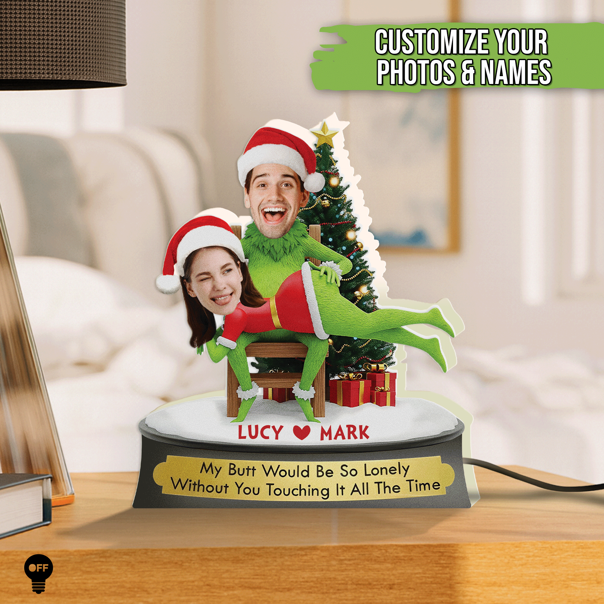 Personalized Grinch Christmas gift featuring custom photos and names for a festive touch