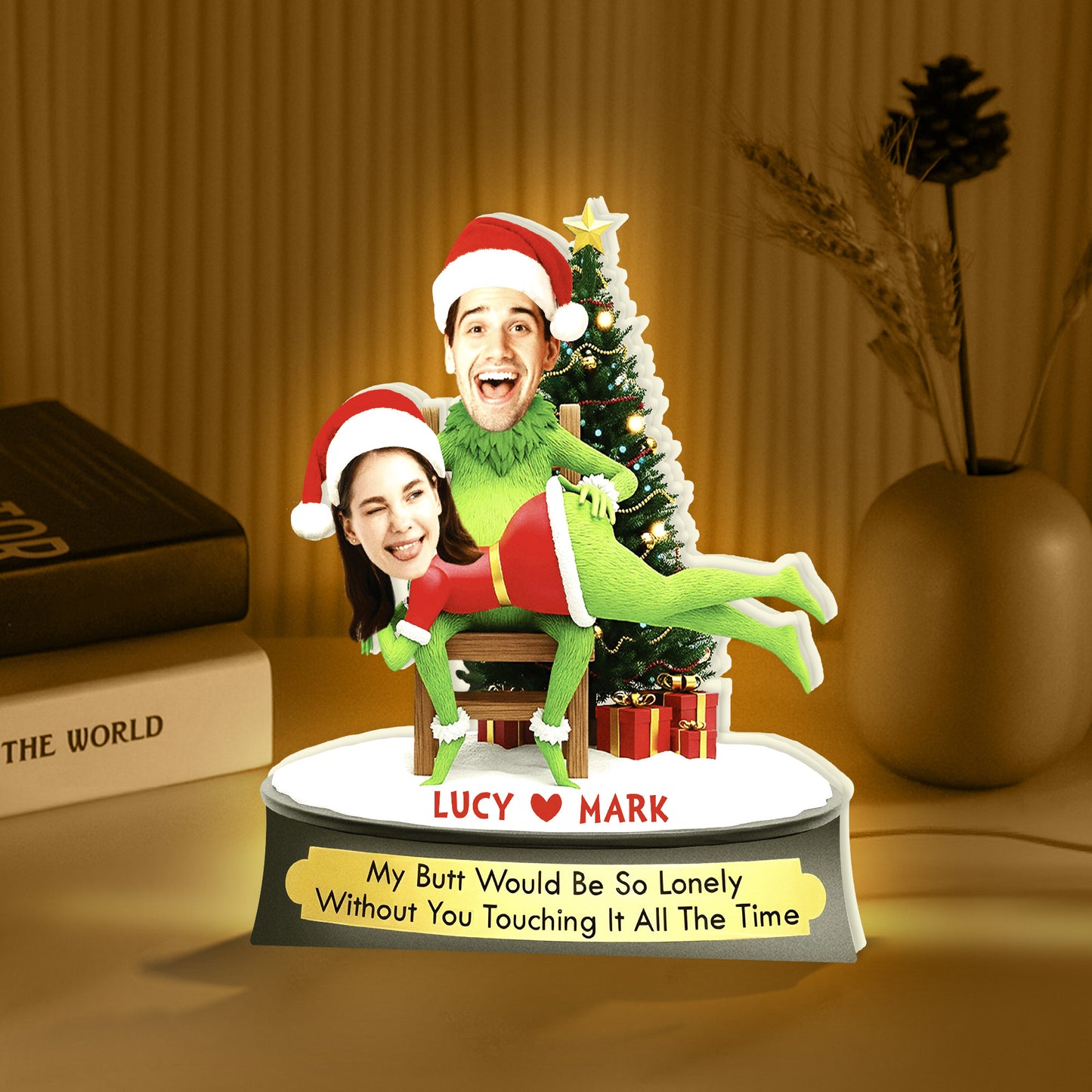 Personalized Grinch Christmas gift featuring custom couple figurines with festive decorations