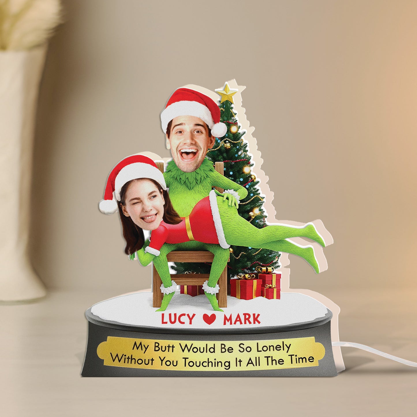 Personalized Grinch Christmas gift featuring a custom photo display with festive decorations