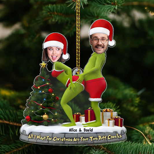 Personalized Grinch Christmas ornament featuring custom couple faces with festive decorations