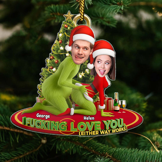 Personalized Grinch Christmas ornament featuring custom faces and festive design for holiday cheer