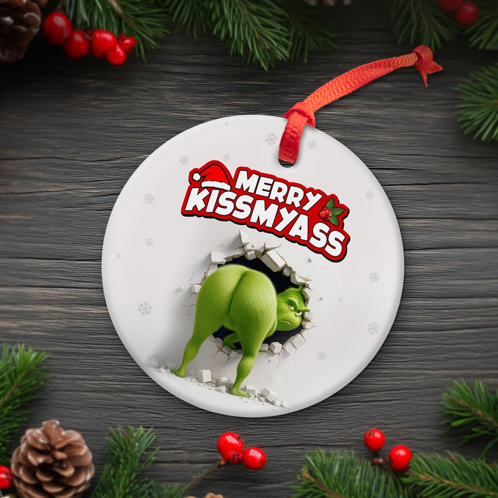 Personalized Grinch Christmas ornament featuring the Grinch breaking through a wall with festive text