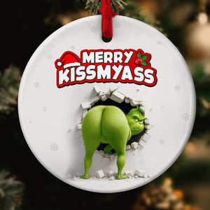 Unique personalized Grinch Christmas ornament featuring a humorous design with the text Merry Kiss My Ass