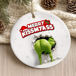 Funny personalized Grinch Christmas ornament featuring the Grinch breaking through a wall with a humorous message