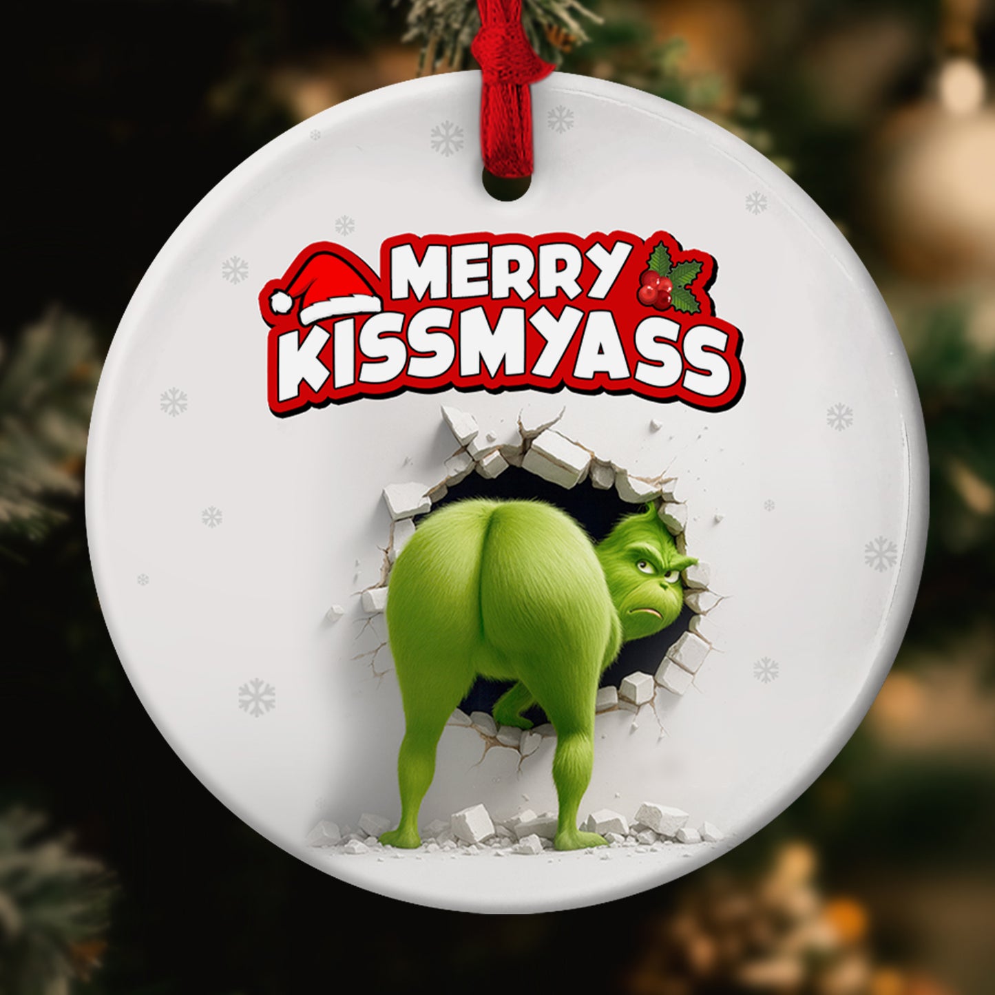 Personalized Grinch Christmas ornament featuring the Grinch with Merry Kissmyass text on a white background