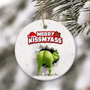 Funny personalized Grinch Christmas ornament featuring the Grinch with a humorous message