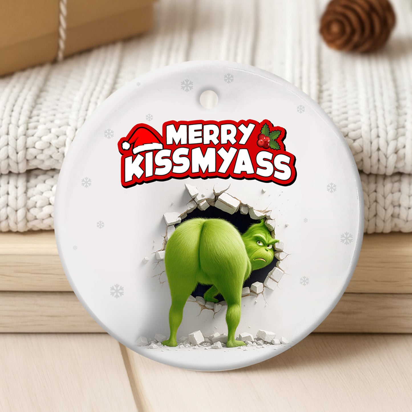 Personalized Grinch Christmas ornament featuring a humorous design with festive lettering
