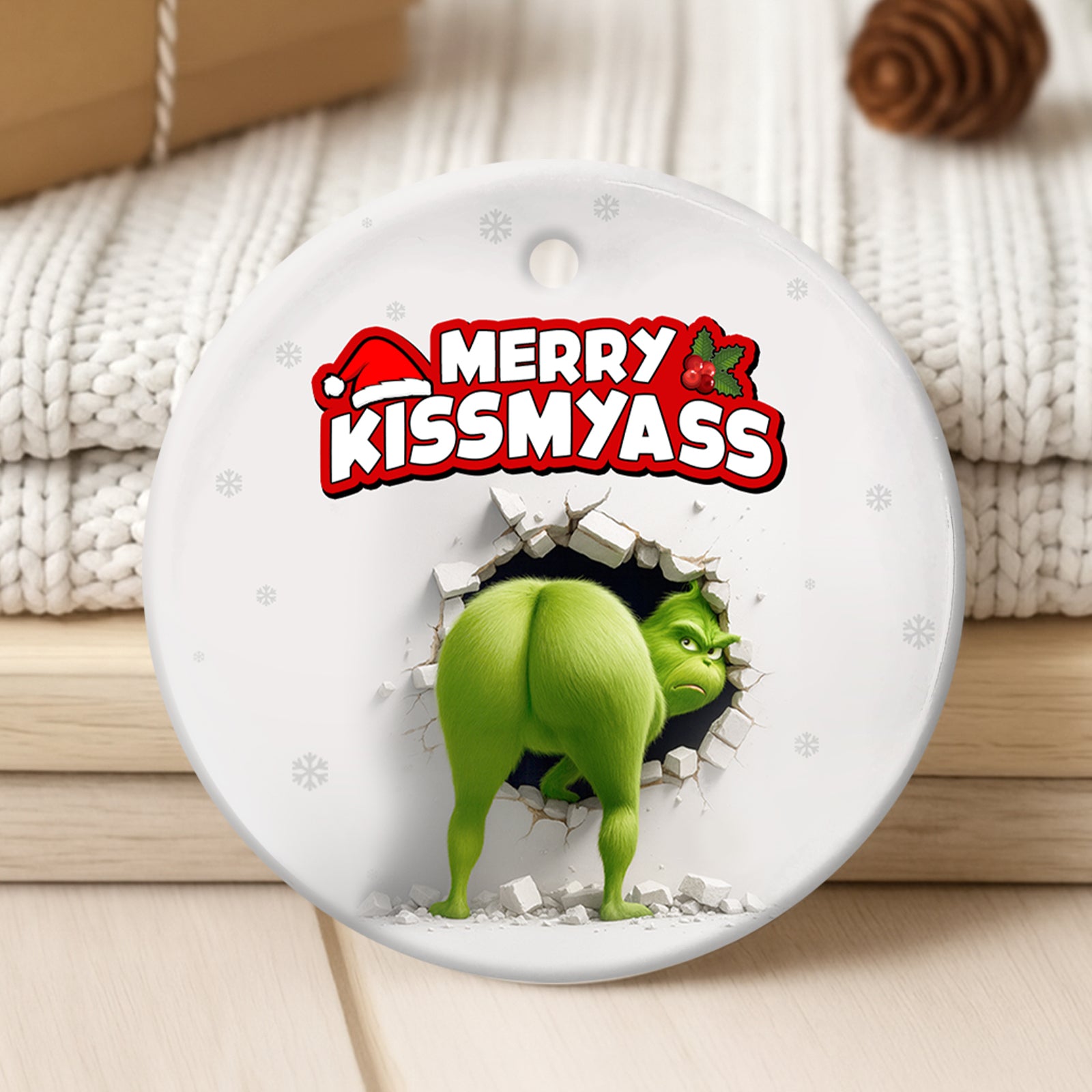 Personalized Grinch Christmas ornament featuring a humorous design with festive lettering