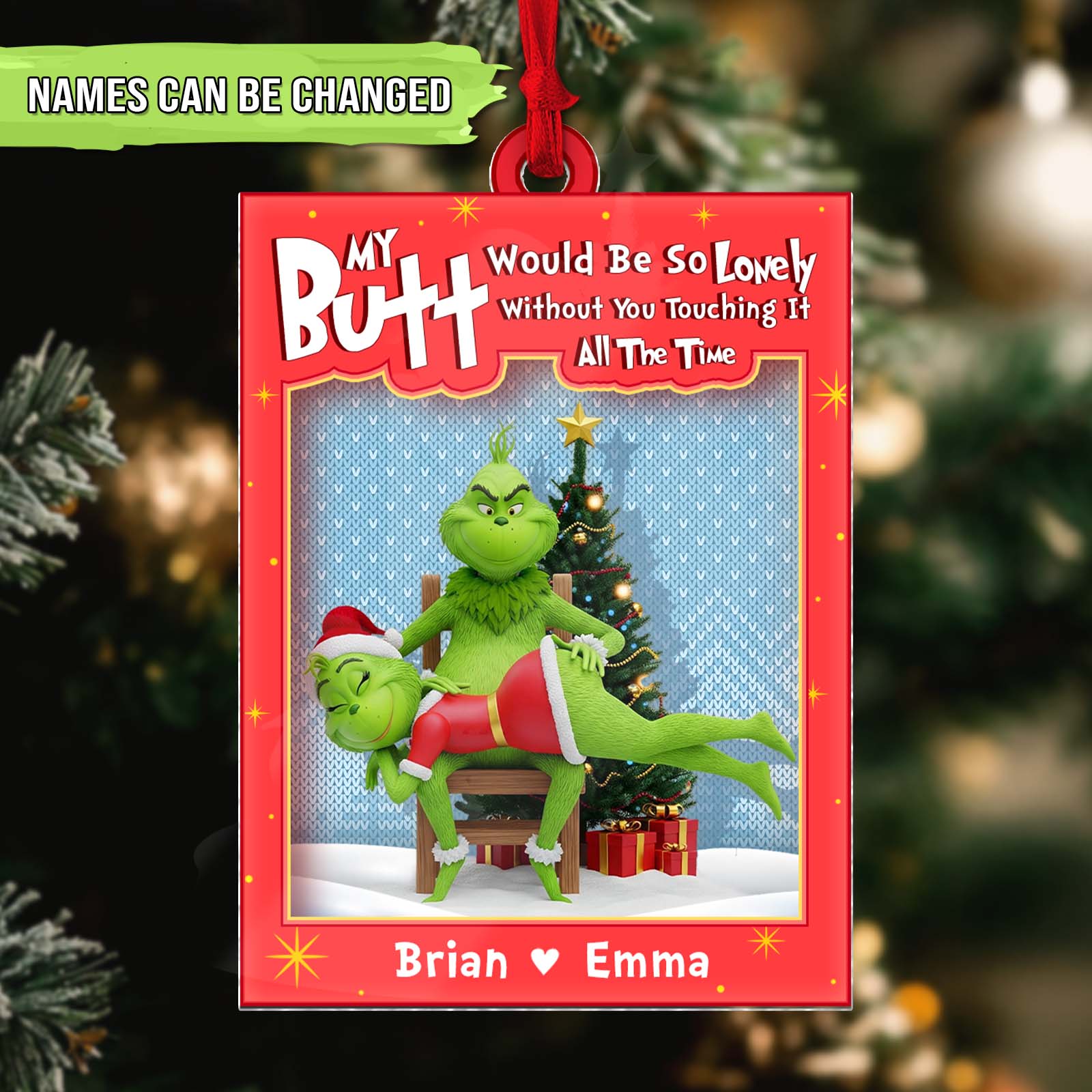 Personalized Grinch couple ornament featuring customizable names for holiday decorations