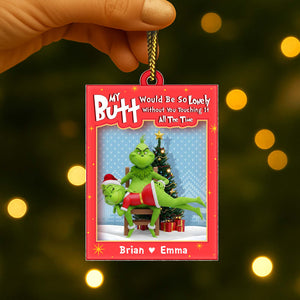 Personalized Grinch couple ornament featuring whimsical characters and festive background for holiday decor