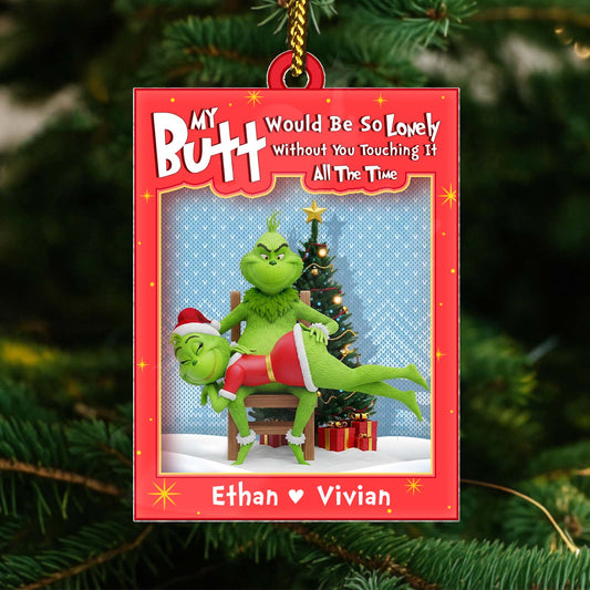 Personalized Grinch couple ornament featuring Ethan and Vivian in a festive design with a Christmas tree