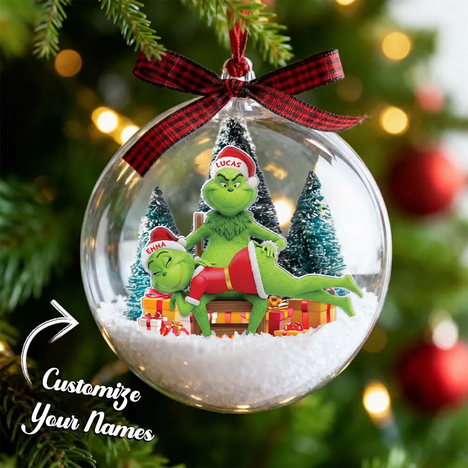 Personalized Grinch couple ornament featuring customizable names with festive decorations