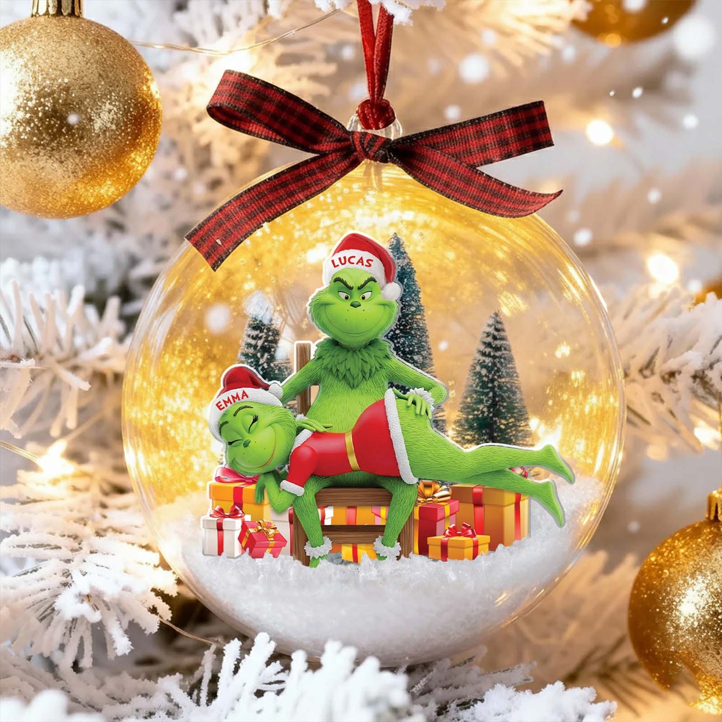 Personalized Grinch couple ornament with festive design featuring names Lucas and Emma on a holiday scene