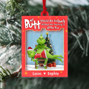 Personalized Grinch couple ornament featuring Grinch and his love with a festive background