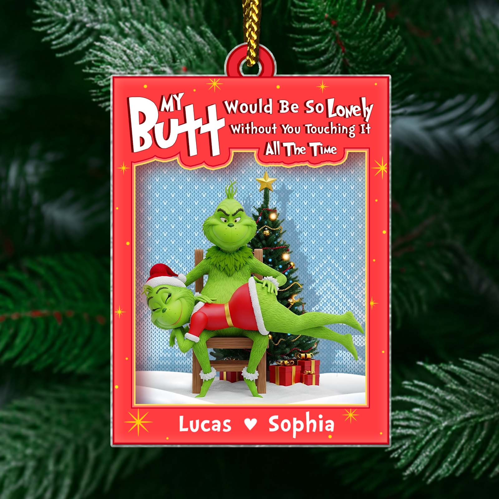 Personalized Grinch couple ornament featuring the Grinch and a festive backdrop with custom names