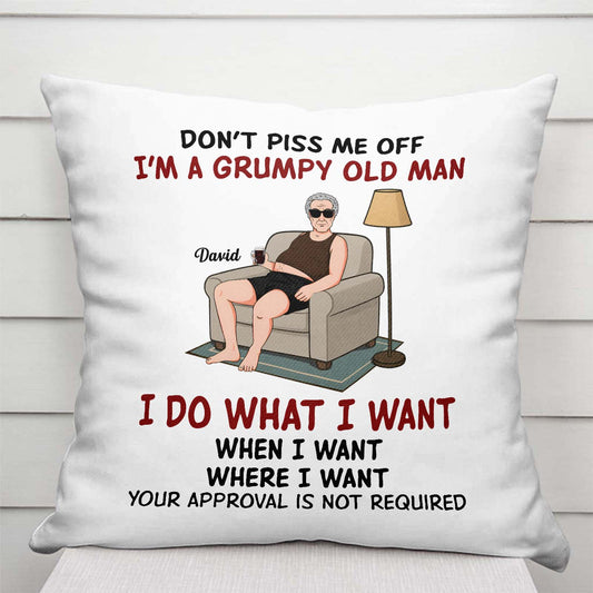 Personalized grumpy old man pillow featuring humorous text and a cartoon character on a couch
