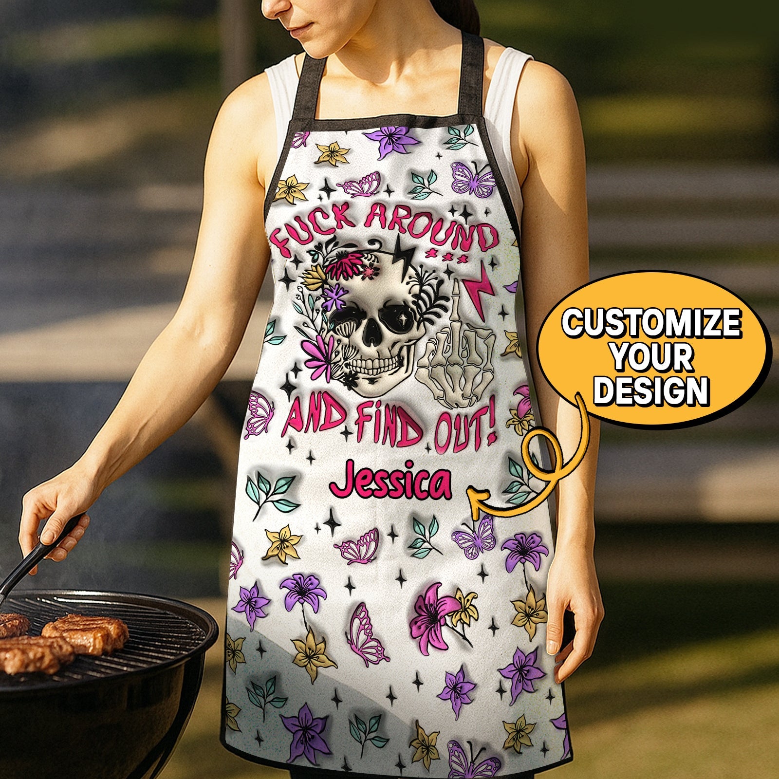 365Gifty personalized Halloween apron with skull, floral design, and customizable name Jessica