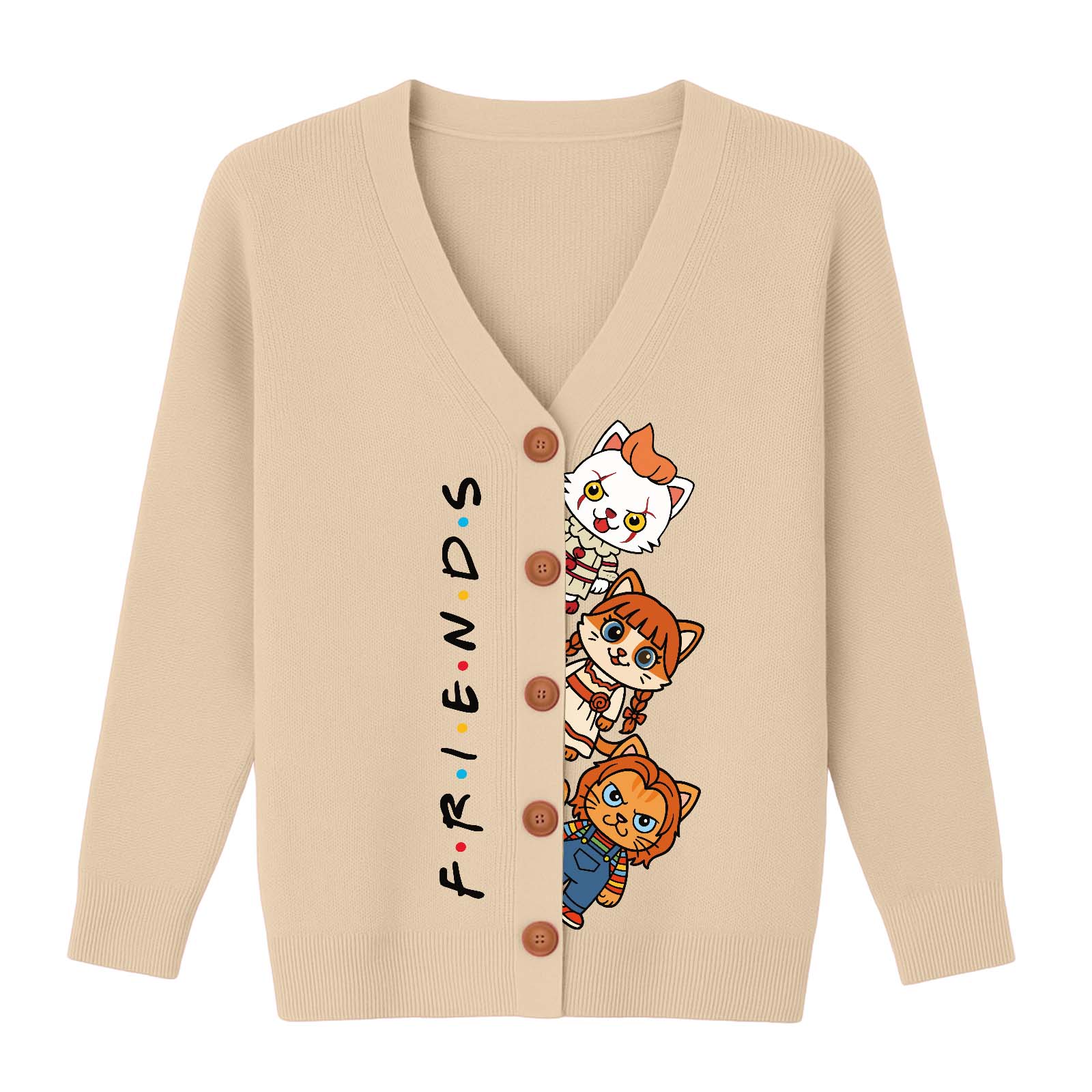 Personalized Halloween cat cardigan featuring cute cat designs with 'Friends' lettering