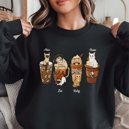Black sweatshirt featuring personalized halloween cat shirt design with four cats named Max Zoe Ruby and Snow