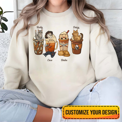 Cream personalized halloween cat shirt with four cartoon cats and spooky drink designs