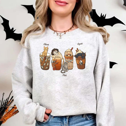 365Gifty personalized halloween cat shirt with cute cat and coffee cup designs on gray sweatshirt