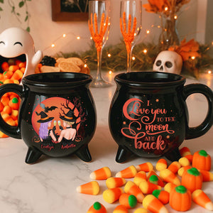 Personalized Halloween cauldron mug featuring witches and a love message for spooky celebrations
